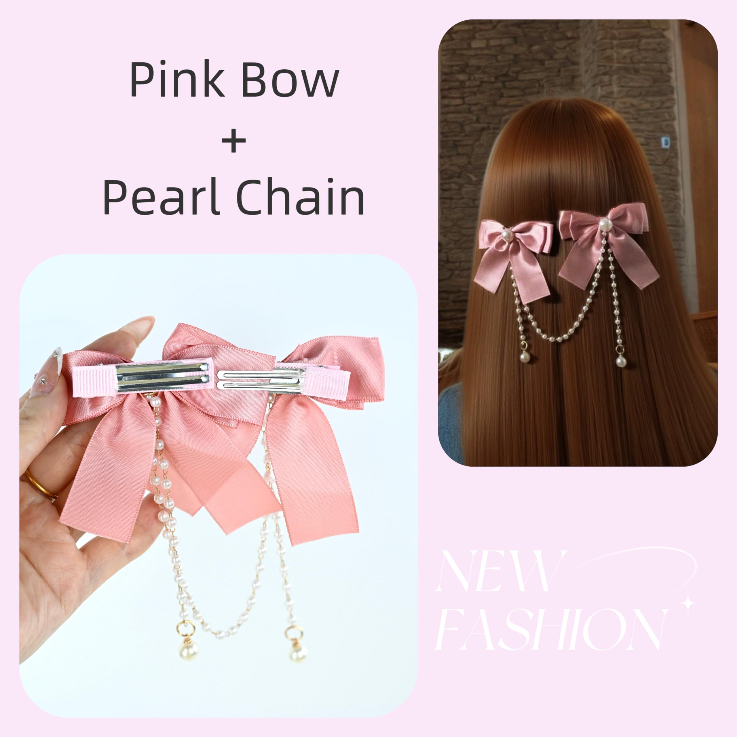Amazon.com : Cute Pink Bow Hair Clip with Pearl Chain Satin Double